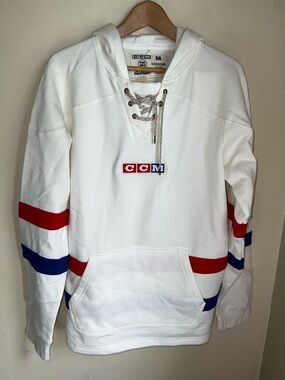 CCM White Hooded Lace-Up Sweatshirt with Red & Blue Stripe Accents